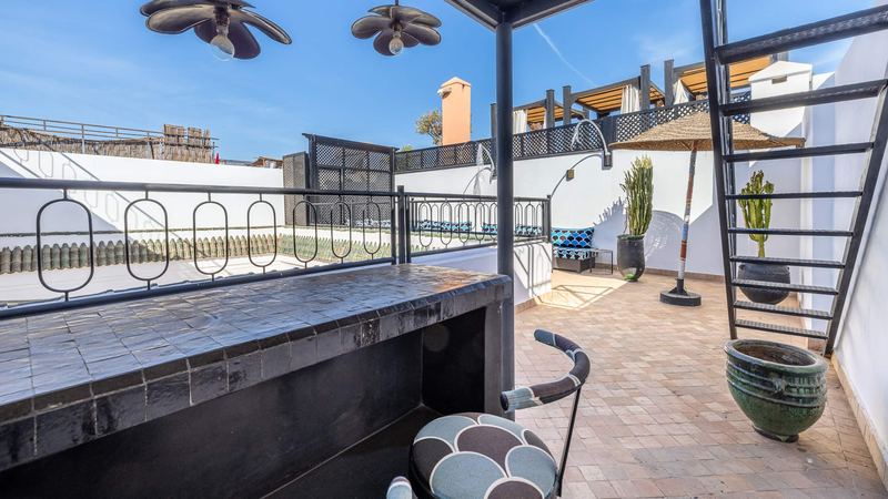 On the roof: a black-tiled counter, a stool, potted plants and an iron stair to the upper terrace.